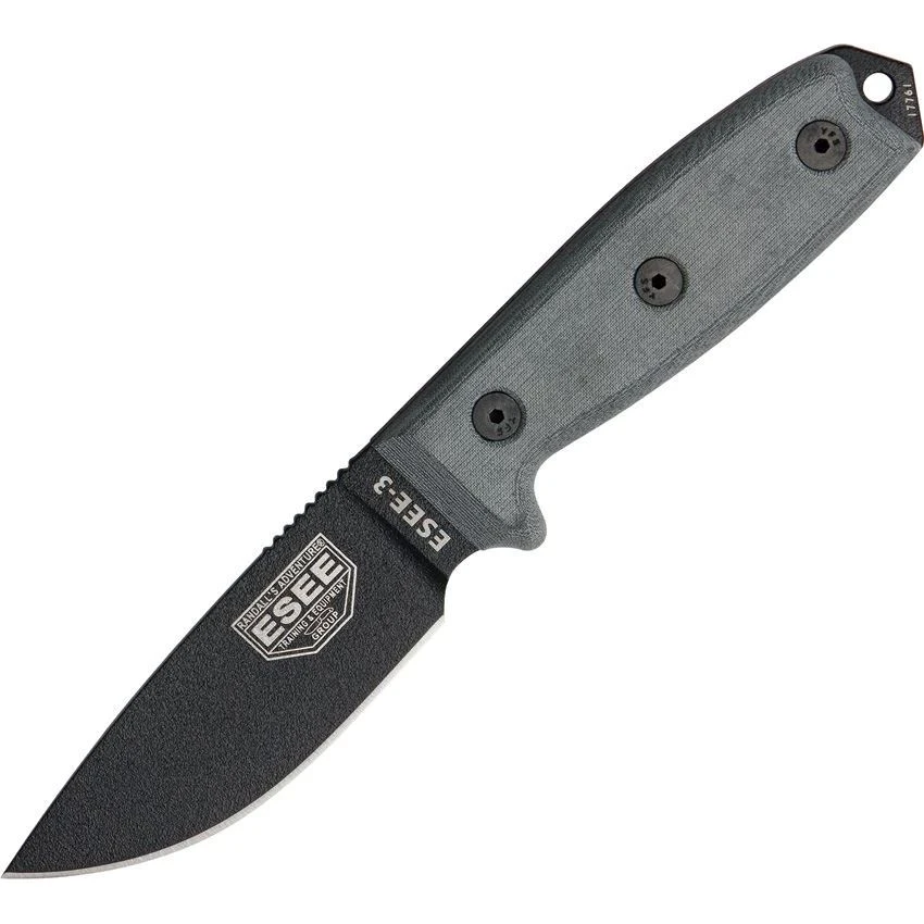 ESEE 3PB Model 3 Standard Edge Fixed Black Textured Blade Knife With Black Linen Micarta Handles 3 ESEE 3PB Model 3 Standard Edge Fixed Black Textured Blade Knife With Black Linen Micarta Handles
